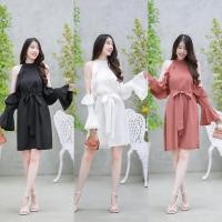 ราคา เสื้อผ้าแฟชั่นผู้หญิง เดรสเกาหลี เดรสเปิดไหล่ เซ็กซี่ ใส่ออกงาน เดรสสีขาว มีสายมัดเอว พร้อมส่ง (29411384899)
