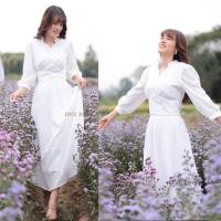 ราคา งานบุญ งานบวช!!! M-2XL Set2ชิ้น เสื้อขาวผ้าฉลุลายแขนห้าส่วน+กระโปรงเอวสูง งานป้าย DNY (10383886282)