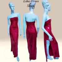 ราคา ชุดราตรียาวเกาะอกแดง M-L Used ปักเลื่อมสีแดง3D ชุดออกงาน เซ็กซี่ ก่อนยืด 34-30-42 ยาว 52 ตำหนิเย็บเข้า (24833145187)