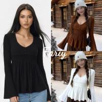 ราคา Fariyคลังสินค้าพร้อม เสื้อแขนยาวทรงหลวม คอกว้าง 3 กระดุม แต่งขอบลูกไม้สีดำ ปลายแขนบานเล็กน้อย (47052295109)