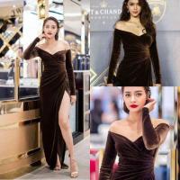 ราคา เดรสกำมะหยี่แขนยาว ปาดไหล่ สวยหรู (6412442981)