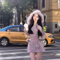 ราคา Pure Hot Girl Style Purple Stitching Furry Hooded Knitted Dress Women's Autumn and Winter New Waist-Tight Figure Flattering Short Skirt (25287385539)
