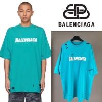 ราคา เสื้อยืดแขนสั้น Balenciaga Distressed Logo Print T-Shirt (สีฟ้า) (25238913260)