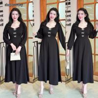 ราคา เดรสยาว ผ้าวูลเวฟ แขนยาว แต่งดีเทล โบว์เพชร พร้อสายผูกเอว เข้ารูป เดรสออกงาน สีพื้น A7250 (53302348441)