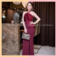 ราคา ชุดราตรี ชุดออกงาน ชุดไปงานแต่งงานสีแดง เดรสยาวออกงานคล้องคอผูกโบว์ เอวระบาย ลุคเรียบหรูดูดี (4451367885)