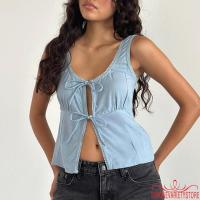 ราคา Topone-women Tie Front Tank Tops สีทึบลูกไม้ Trim Low Cut เสื้อแขนกุด Cropped Vest (24035828583)