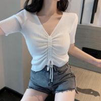 ราคา (พร้อมส่ง‼️)เสื้อไหมพรมแขนสั้นคอวี มีเชือกรูดด้านหน้า NO.55 (2591925159)