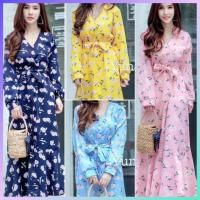 ราคา Oversize Maxi dress เดรสลายดอก ชุดออกงาน คอวี แขนยาว สไตล์ฮาวาย ผูกเอว สีเหลือง ฟ้า ชมพู กรม น่ารัก ราคาถูก พร้อมส่ง สวย (1986308357)