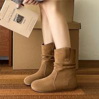 ราคา รองเท้าบูทผู้หญิงสุดเก๋ รองเท้าบูทหุ้มข้อหัวกลมสไตล์เรโทร สีทึบ วัสดุหนังกลับ (41919601082)