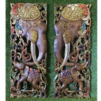 ราคา ไม้สัก ไม้สักแกะสลัก ลายช้างแม่-ลูก เดินเส้น ติดกระจกสี Set คู่ ขนาด 35x90 ซม. งานไม้สัก ไม้ฉลุ ไม้แกะสลักติดผนัง ตกแต่ง (12795950355)