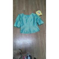 ราคา เสื้อผ้าไหมแท้ สีเขียวฟ้าครามไหมเหลือบทอง แขนหมูแฮมสั้น เทียบมือ 1 ไซส์ 34 (28925469705)