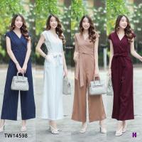 ราคา JK14598 จั๊มสูทยาวอกไขว้หน้าลายริ้ว (7482281518)