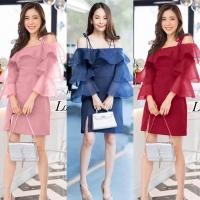 ราคา 3274#เดรสไปงาน ออกงาน เดรสปาดไหล่ สายเดี่ยวผุกไหล่ แต่งระบายผ้าแก่ว แขนระบาย 3 ชั้น งานน่ารักมาก (20057092250)