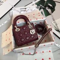 ราคา DIOR Diana Bag ขนาดเล็ก สี Burgundy ลายตาราง หนังแกะแท้ พวงมาลัยเงิน กระเป๋าสะพายข้างLady Mini Concubine Bag (53354431030)