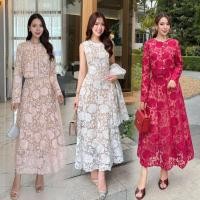ราคา เดรสลูกไม้ขาวสวยสง่า มี5สี!!! S-2XL Maxi Dress เดรสสีชมพู,เดรสสีแดงแขนกุดผ้าลูกไม้ทอลาย+เสื้อคลุมแขนยาว งานป้าย ALICIA (42711621879)