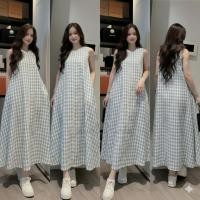 ราคา ชุดเดรสสามรูวัสดุหยาบวินเทจอ่อนโยนอ่อนเยาว์ชุดคลุมท้องไซส์ใหญ่ชุดเดรสแขนกุดยาวลายตารางหมากรุกสีฟ้าทรงหลวม ที1441ก (56454634485)