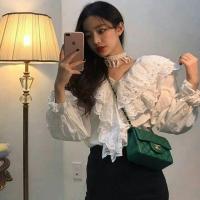 ราคา New design by korea สินค้านำเข้า พร้อมส่ง เสื้อคอวีแต่งระบายลูกไม้ด้านหน้าและด้านหลัง + โชคเกอร์พู่ที่คอ (1982337606)