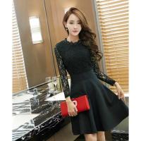 ราคา เดรสแฟชั่น คอกลม แขนยาว ผ้าใยสังเคราะห์ผสมลูกไม้ สีดำ (105574646)