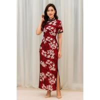 ราคา ชุดกี่เพ้าแฟชั่นสีแดงลายขาวมีแขน ผ้าซาตินพิมพ์ลายลื่นใส่สบาย ชุดกี่เพ้ายาว ชุดเดรสคอจีน Mก3 KPL172 (41164096177)