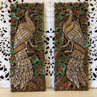 ราคา แผ่นไม้แกะสลัก ไม้แกะสลัก ไม้สัก ฉลุลายรูปนกยูง กรอบรูป ขนาด 35x90cm.สีสันสวยงาม ประดับตกแต่ง (20679665885)