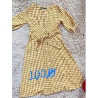 ราคา ชุดเดรสยาวเกาหลีสีเหลืองลายตาราง (11329126662)