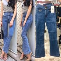 ราคา กางเกงยีนส์ขาบาน เอวสูง ผ้าไม่ยืด แต่งกระเป๋าหลอกด้านหน้า งานสวยมากจ้า (2008640485)