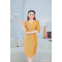 ราคา ชุดเดรสผ้าทอลายอัดกาวทั้งชุด เดรสสีเหลือง ชุดไทยประยุกต์สวยหรู (41017487175)