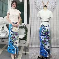 ราคา (l-4xl) ชุดไทย ชุดไทยประยุกต์ เสื้อฉลุ + กระโปรง สีฟ้า งานป้าย chalita (24439966643)