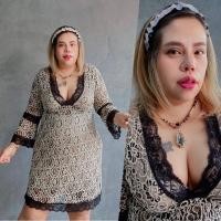ราคา เดรสลูกไม้สาวอวบคอวีเอวสม็อคแขนระบาย (22430595190)