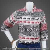 ราคา เสื้อป้ายกระดิ่ง ผ้าฝ้าย พิมพ์ลาย พื้นสีขาวครีม พิมพ์ดอกสีกรมท่า ลายช้างแดงดำ (27103564658)