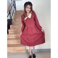 ราคา เดรสแขนยาวสีแดงเลือดหมู ผ้ากำมะหยี่ (24500374392)