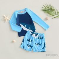 ราคา //-2-7years Kids/baby Boys 2 ชิ้นชุดว่ายน้ํา Shark Print Crew Neck เสื้อแขนยาวและกางเกงว่ายน้ําชุดว่ายน้ํา (26722629421)