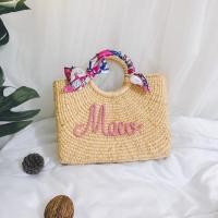 ราคา กระเป๋าสานทรงเหลี่ยม โทนสีชมพู งานแต่งชื่อ ผูกผ้าพัน (กระเป๋าสานผักตบชวา กระเป๋าสานแฮนเมด) (6452495158)