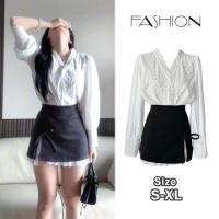 ราคา KOKO#เสื้อเชิ้ตคอวีแขนยาวปักลูกไม้สีขาวสไตล์ฝรั่งเศสสำหรับผู้หญิง เสื้อลูกไม้ แขนยาว #W546 (29625094934)