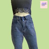 ราคา กางเกงยีนส์สีดำฟอก ทรงบอยแต่ง2กระดุม เอวสูง (4048360761)