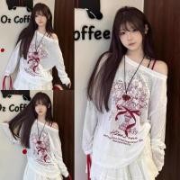 ราคา Gilnaเสื้อยืดแขนยาว ทรงหลวม เปิดไหล่ น่ารัก ลายโบว์สีแดง เสื้อยืดคอกลม ผ้าซีทรูบางๆ สไตล์เกาหลี เซ็กซี่ (43817795258)