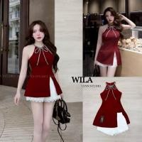 ราคา XS S มือ1 WILA ชุดเซ็ตเสื้อเว้าไหล่ แหวกชายด้านข้าง แต่งผูกโบว์เพรชตรงคอ มาพร้อมกางเกงขาสั้นผ้าลูกไม้ ป้าย WILA (41278500854)