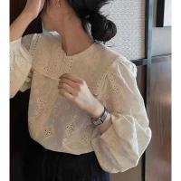 ราคา เสื้อคอปกกะลาสีแขนยาวผู้หญิงผ้าลูกไม้ลายดอกไม้อ่อน (28338765586)