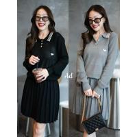 ราคา Knit Collar Long Sleeve Top&Pleat Short Skirt Set (24247531570)