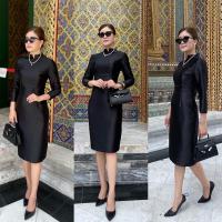 ราคา รุ่นผ่าหลัง ชุดดำ เดรสสีดำ ชุดไทยจิตรลดา ชุดดำสุภาพ ชุดดำแฟชั่น ชุดผ้าไหมสีดำ (12517022028)