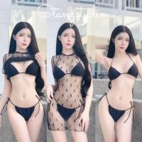 ราคา ชุดว่ายน้ำ 3 ชิ้น บิกินี่สีดำ ผูกอกผูกเอว + เดรสแขนสั้นซีทรูลายผีเสื้อ (24263747421)