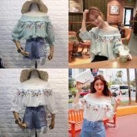 ราคา เสื้อปาดไหล่แขนยาวลายดอก สีแดงอิฐ ปาดไหล่แขนยาว (3438426875)