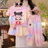 ราคา Spot 女童装套装เสื้อยืดแขนสั้นเด็กผูกเชือกกางเกงชุดสูทชุดสูทแขนยาว,,สาวสวมใส่ชุดสูทเด็กแขนสั้น (53354275670)