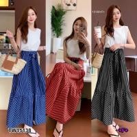ราคา M15138 Set 2 ชิ้น เสื้อแขนกุดสีพื้น ผ้าโฟร์เวย์ + กระโปรงยาว ลายริ้ว เอวสม็อคหลัง ผ้าโฟร์เวย์แต่งสายหัวเข็มขัดด้านหน้า พ (21280563284)