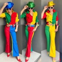 ราคา เซตเสื้อเชิ้ตแขนยาวสีสลับกางเกงขายาวสีสลับ ชุดแหยม ชุดย้อนยุค (เสื้อ+กางเกง) (3369159490)
