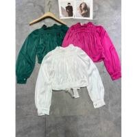 ราคา เสื้อถักโครเชต์แขนยาวพองผูกโบว์ผ้าชีฟองหนาสีขาวสีชมพูสีฟ้า ดาค23 (25991965326)