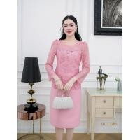 ราคา เดรสผ้าไหมลูกไม้ใยบวบ แขนยาว แต่งกระดุม สีฟ้า สีชมพู เดรสออกงาน (42461765277)