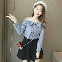 ราคา เสื้อปาดไหล่ลายสก็อตสีฟ้า ผูกโบว์กลางอก น่ารักๆ (311802242)