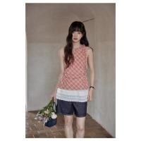 ราคา เสื้อกล้ามลายตารางหมากรุกผู้หญิงสีแดงคอกลมผูกโบว์ลูกไม้สีขาวยาวสไตล์วินเทจ| Hottrend2025 (27338002360)