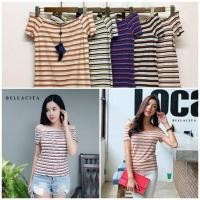 ราคา พร้อมส่ง#368เสื้อยืดคอปาดลายริ้ว แขนสั้นbellacita (1454868512)
